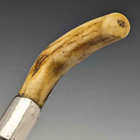 約 1900 年英國古董男士手杖純銀裝飾鹿角手柄棕色軸 85.5 厘米